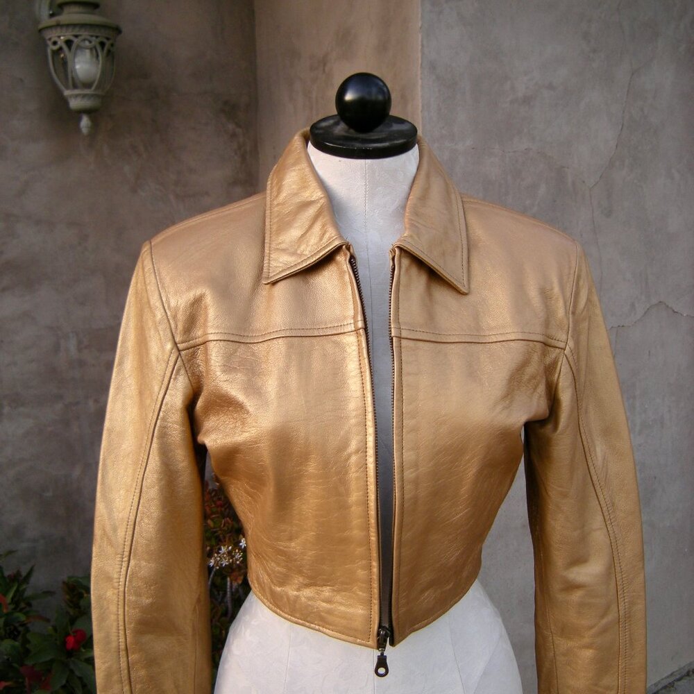 CACHE Gold Leather Cropped Sexy Little Zippered Moto Jacket - S